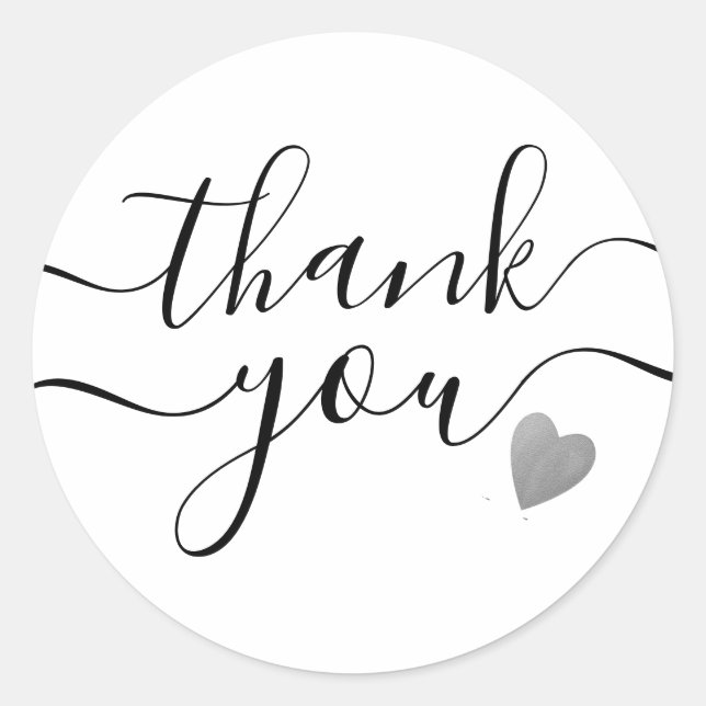 Silver Heart Black And White Thank You Classic Round Sticker (Front)