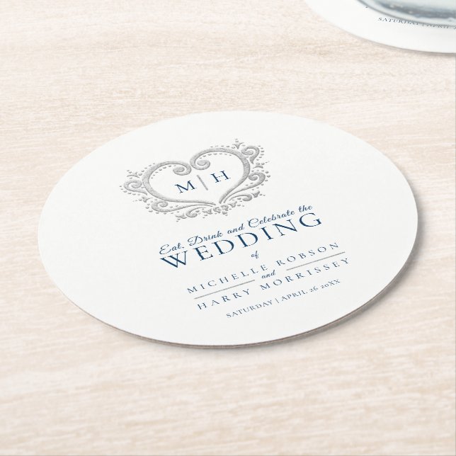 Silver heart blue wreath monogram wedding round paper coaster (Angled)