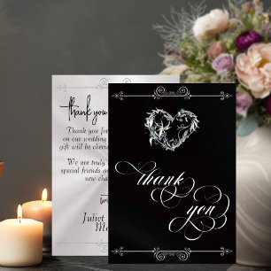 Silver Heart & Calligraphy on Black/White Thank You Card