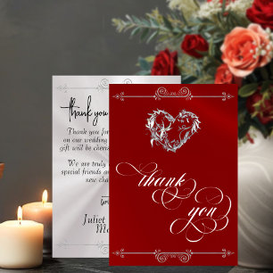 Silver Heart & Calligraphy on Red/White Thank You Card