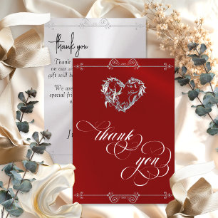 Silver Heart & Calligraphy on Red/White Thank You Card
