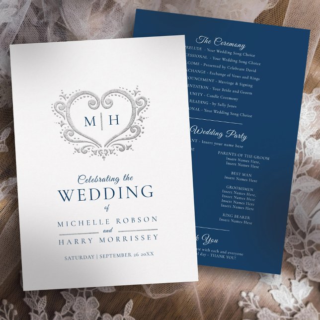 Silver heart dark blue and white wedding program (Creator Uploaded)