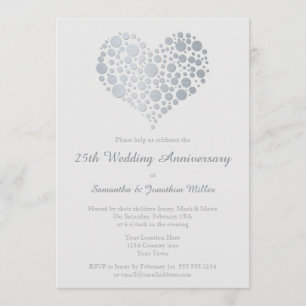 Silver Heart Faux Foil 25th Wedding Anniversary Invitation