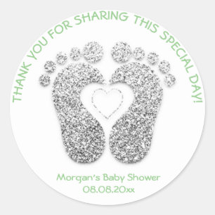 Silver Heart Feet Baby Shower Favour Thank Mint Classic Round Sticker