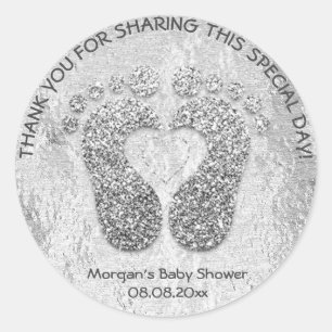 Silver Heart Feet Baby Shower Favour Thank You Gre Classic Round Sticker