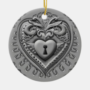 Silver Heart Lock Ceramic Ornament