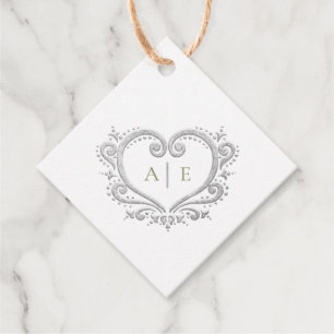 Silver heart monogram initials fern green wedding favour tags