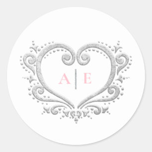 Silver heart monogram pink text on white wedding classic round sticker