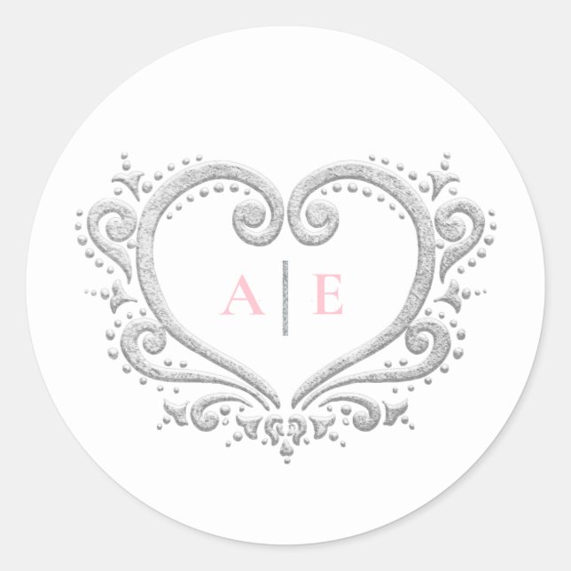 Silver heart monogram pink text on white wedding classic round sticker (Front)