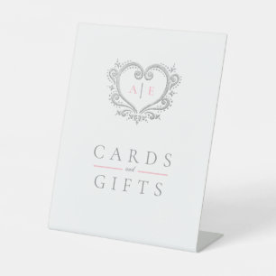 Silver heart monogram pink wedding cards and gifts pedestal sign