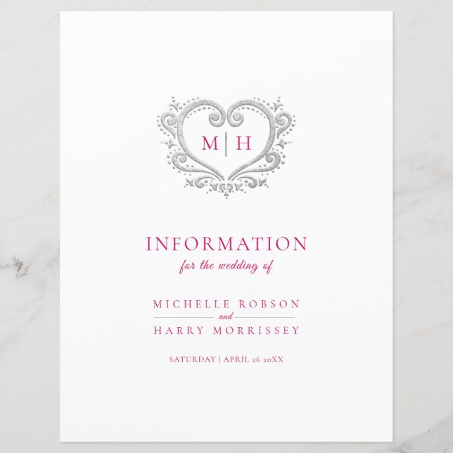 Silver heart monogram wedding guest information (Front)