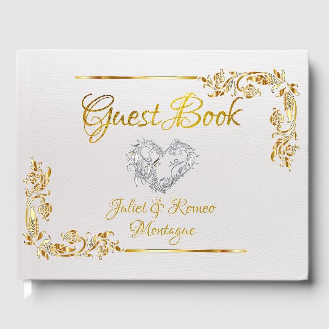 Silver Heart on White Pearl with Gold Border Guest Book (Front)