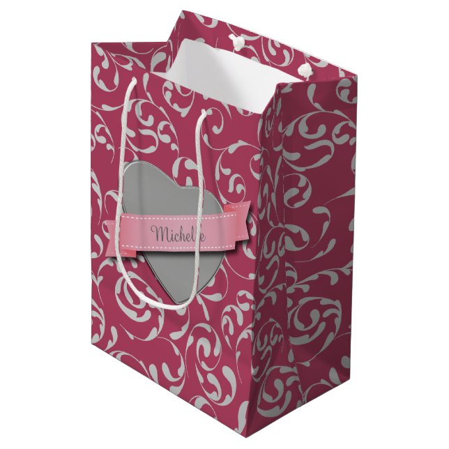 Silver Heart Pink Damask Personalized Medium Gift Bag (Front Angled)