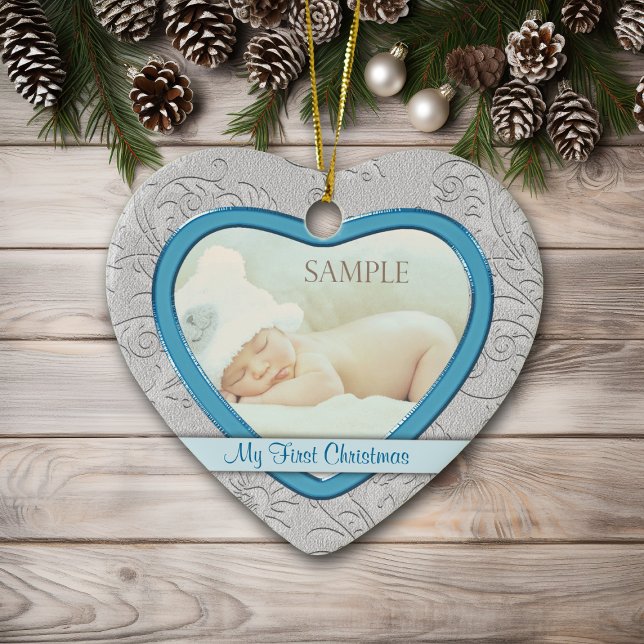 Silver Heart Swirl Baby Boy First Christmas Ceramic Ornament (Creator Uploaded)