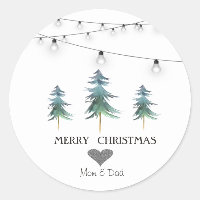 Silver Heart,Watercolor Christmas Trees, Lights Classic Round Sticker (Front)