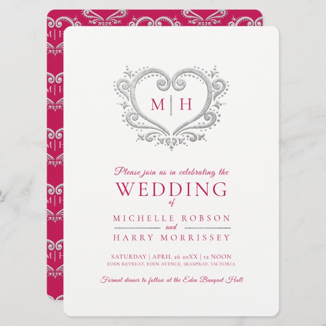 Silver heart wedding berry red and white invitation (Front/Back)