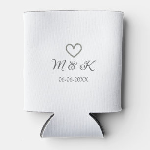 Silver heart wedding couple name letter modern  can cooler