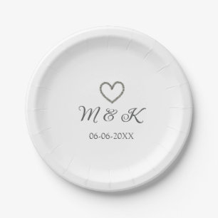 Silver heart wedding couple name letter modern  paper plate