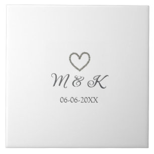 Silver heart wedding couple name letter modern  tile