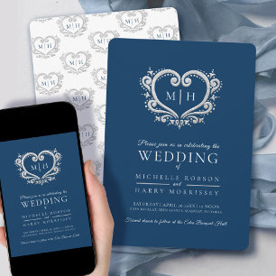 Silver heart wedding dark blue and white invitation