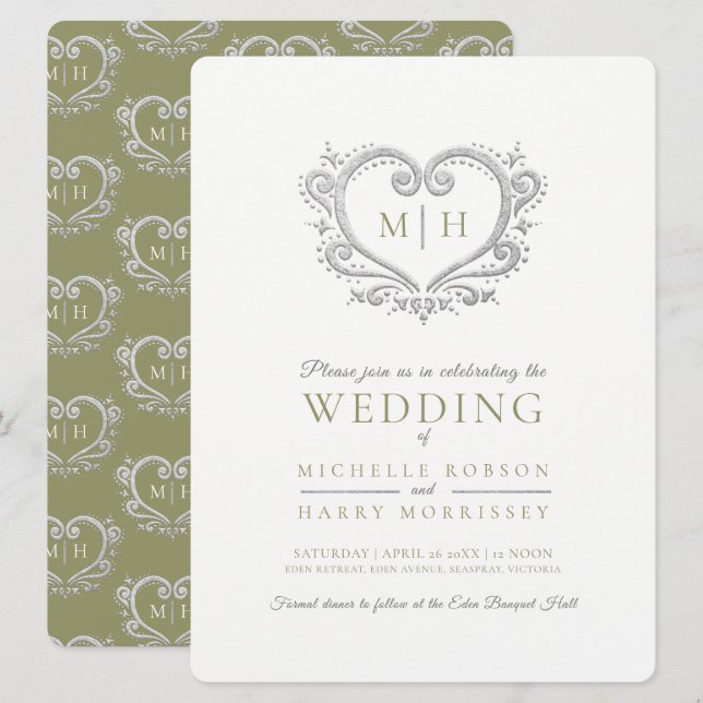 Silver heart wedding fern green and white invitation (Front/Back)