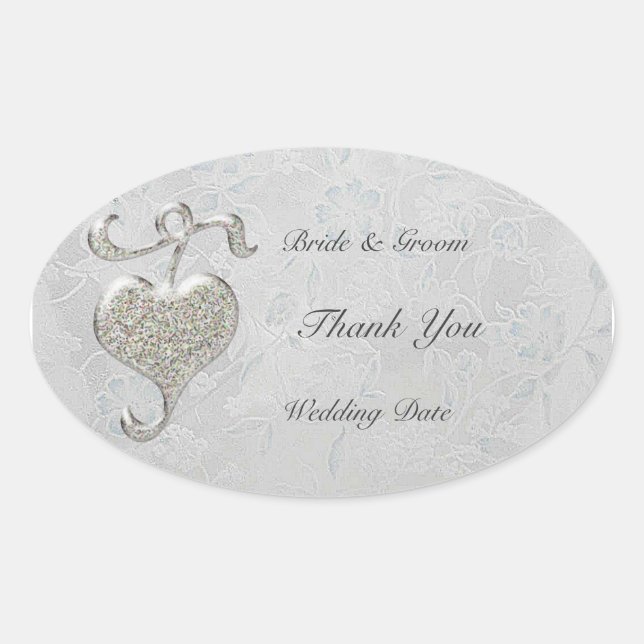 Silver Heart  Wedding Oval Sticker (Front)