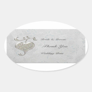 Silver Heart  Wedding Oval Sticker