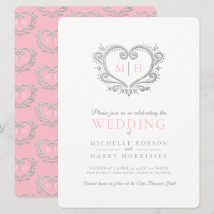 Silver heart wedding pink and white invitation