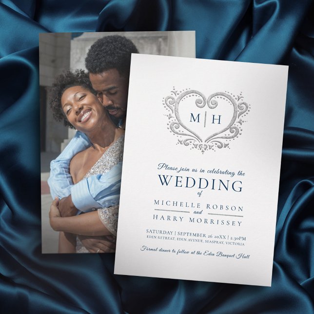 Silver heart wedding prussian blue and white invitation (Creator Uploaded)