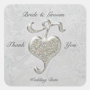 Silver Heart  Wedding Square Sticker