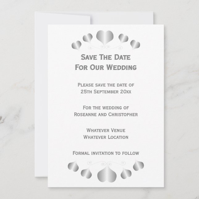 Silver Hearts Design Wedding Save The Date (Front)