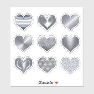 Silver Hearts Faux Metallic Set of 9 Love Sticker