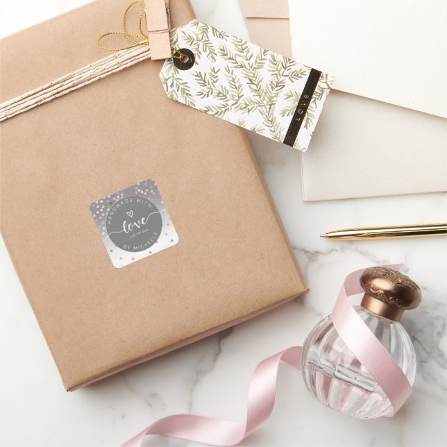 silver hearts handmade with love monogram square square sticker (Gifting)