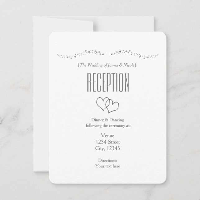 Silver Hearts & Sparkle Wedding Reception Card (Front)