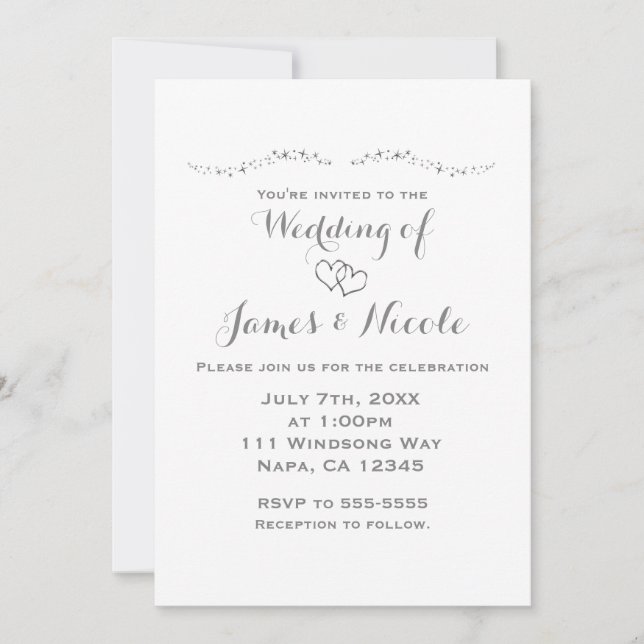 Silver Hearts & Sparkle White Wedding Invitations (Front)