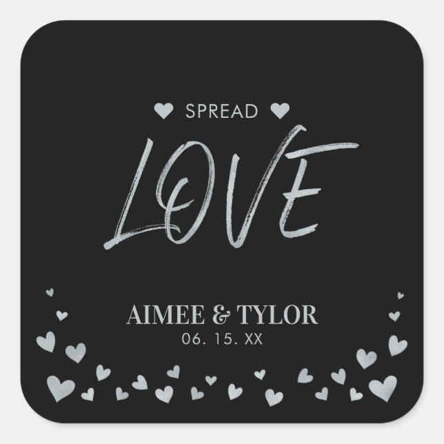 Silver Hearts Spread the Love Wedding Favour Squar Square Sticker (Front)