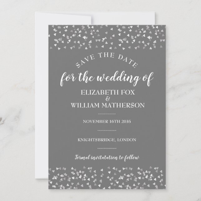 Silver Hearts Wedding Save the Date Card (Front)