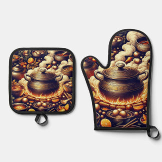  Silver Heat Resistant Oven Mitt with Red Heart De Oven Mitt & Pot Holder Set