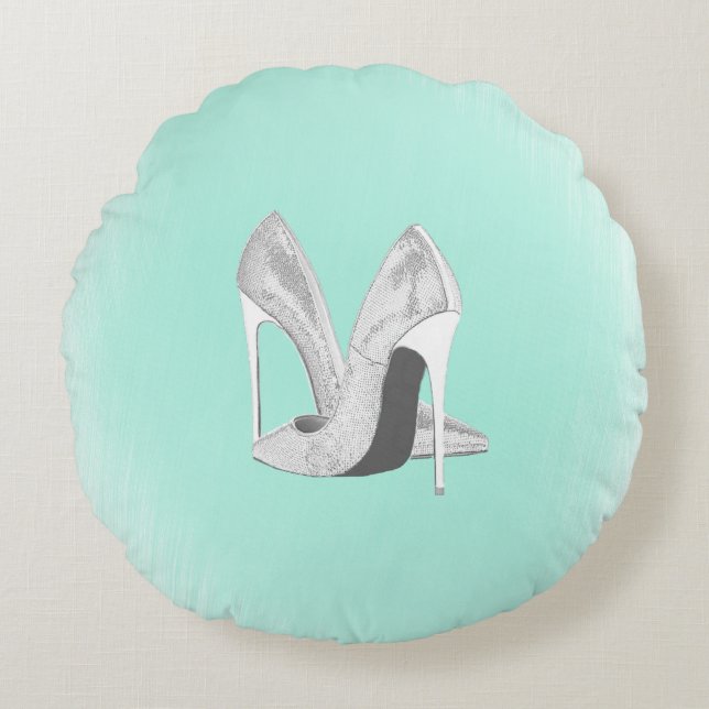 Silver Heels on Mint Round Pillow (Front)
