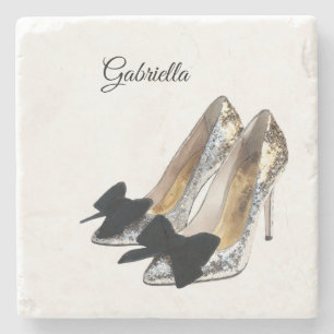 Silver High Heels Black Bow Stone Coaster