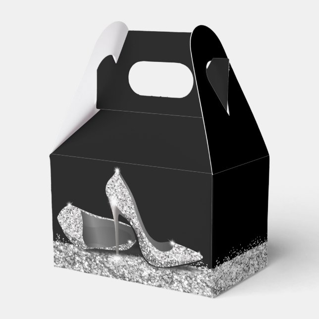 Silver High Heels Glitter Confetti Elegant Black Favor Box (Front Side)