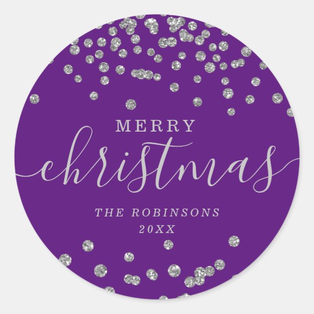 Silver Holiday Christmas Glitter Confetti Purple Classic Round Sticker (Front)