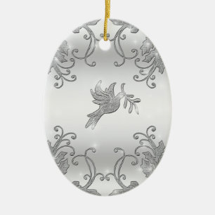 Silver Holly and Dove Ceramic Ornament