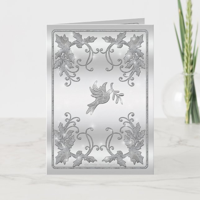 Silver Holly and Dove Greeting Holiday Card (Front)