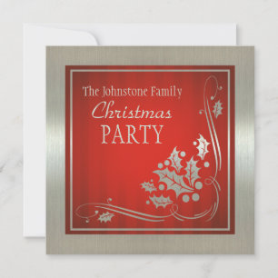 Silver Holly and Swirls on Red Christmas Party Invitation