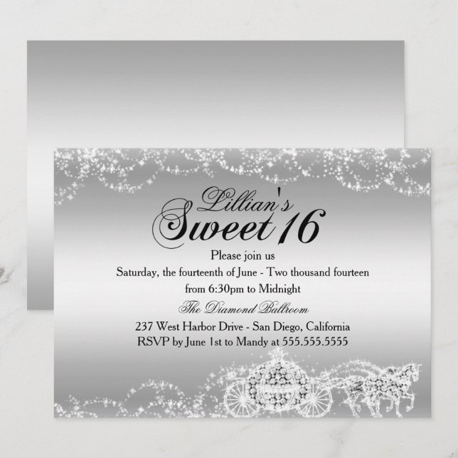 Silver Horse Carriage Princess Sweet 16 Invite (Front/Back)
