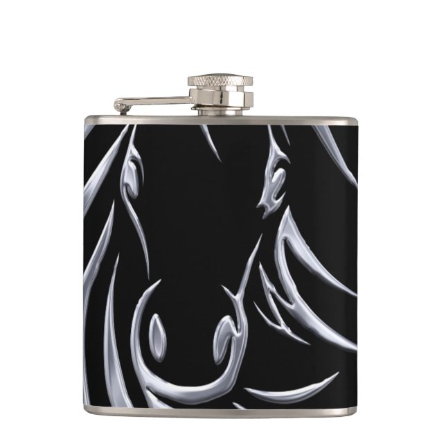 Silver Horse Head on Black Hip Flask (Front)