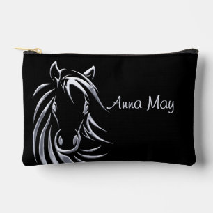 Silver Horse Head on Black Personalized Script Accessory Pouch