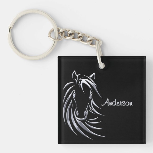 Silver Horse Head on Black Personalized Script Keychain (Front)