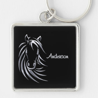 Silver Horse Head on Black Personalized Script Keychain